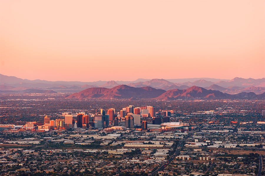 city during golden hour aerial view peoria az