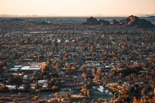 city with houses aerial view during golden hour phoenix az